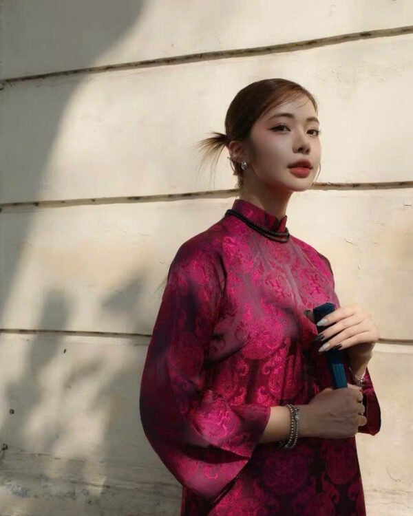 Cho Thuê Áo Dài Cổ Trụ Đồng Tiền Hồng Tím (Có Bigsize)