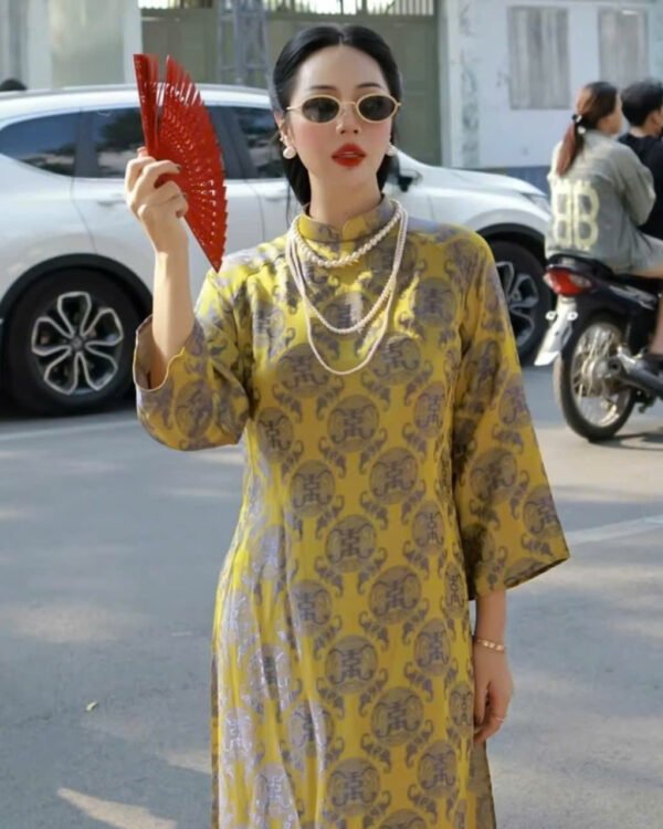 Cho Thuê Áo Dài Cổ Trụ Đồng Tiền Vàng (Có Bigsize)