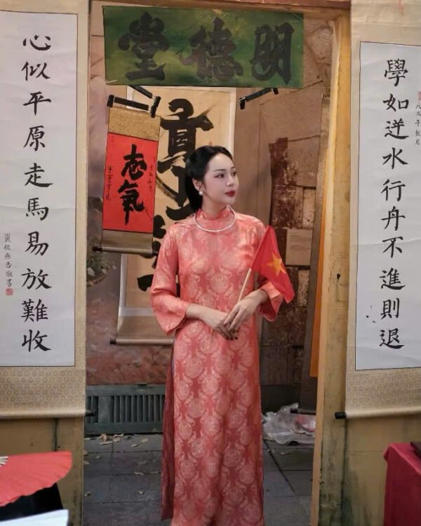 Cho Thuê Áo Dài Cổ Trụ Đồng Tiền Cam Cháy (Có Bigsize)