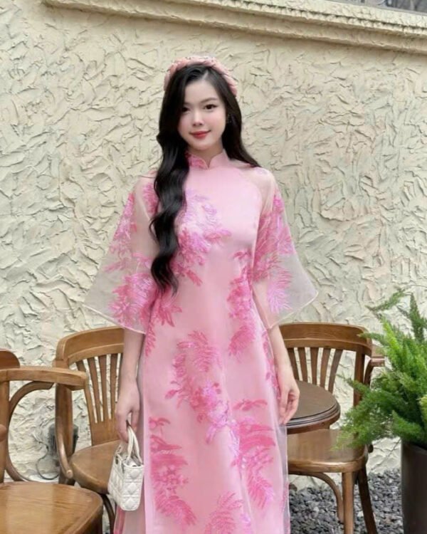 Cho Thuê Áo Dài Voan Lá Nổi Hồng (Có Bigsize)