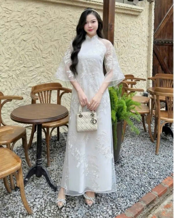 Cho Thuê Áo Dài Voan Lá Nổi Kem (Có Bigsize)