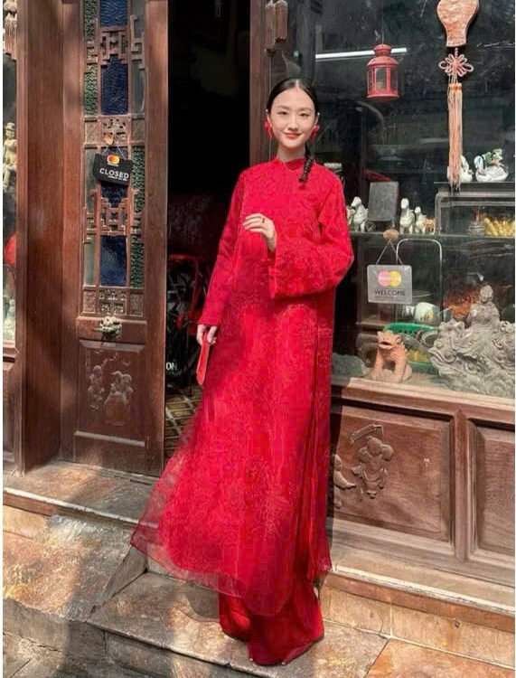 Cho Thuê Áo Dài Bích Sư Thêu Kỳ Lân Đỏ (Có Bigsize)