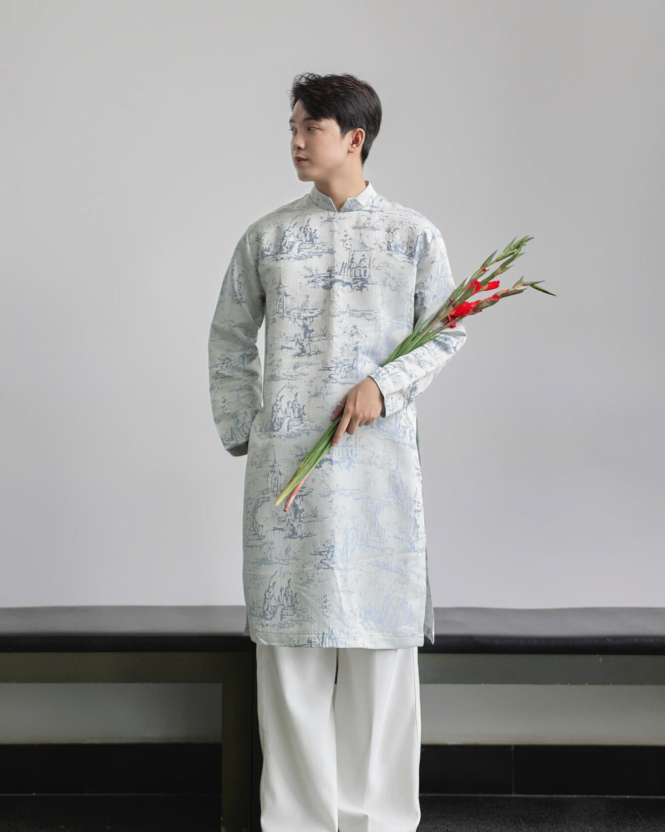 Cho Thuê Áo Dài Nam Vân Loang Xanh Kem OAO (Có Bigsize)