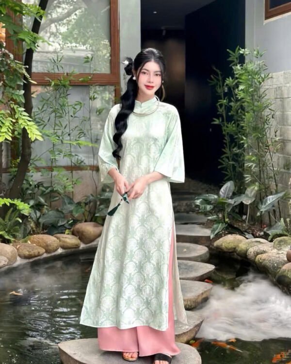 Cho Thuê Áo Dài Cổ Trụ Đồng Tiền Xanh Mint (Có Bigsize)