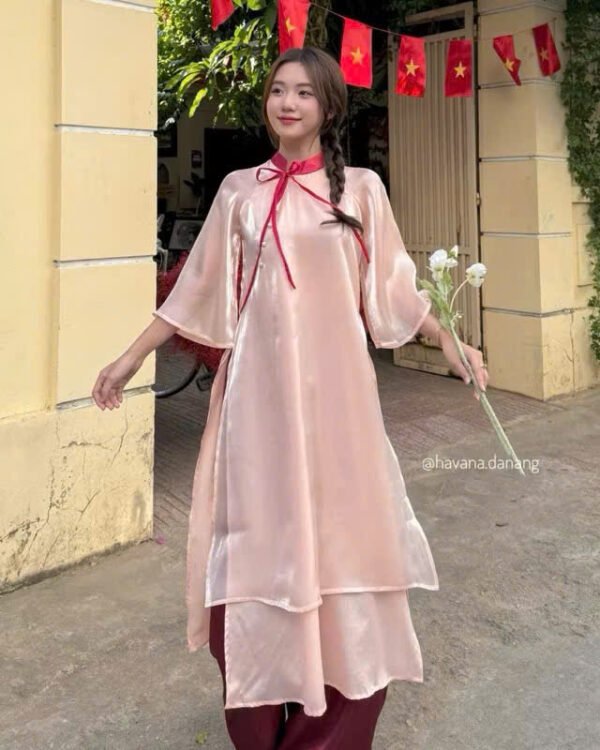 Cho Thuê Áo Dài Viền Cổ Đỏ Khoét Nơ Havana Hồng