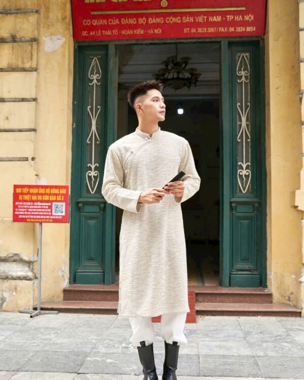 Cho Thuê Áo Dài Nam Ngũ Thân Dạ Kem (Có Bigsize)