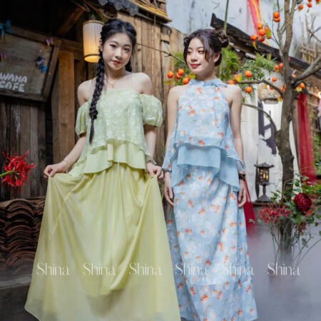 Cho Thuê Set Yếm Hai Dây Vai Bèo Hoa Shina Xanh Lá