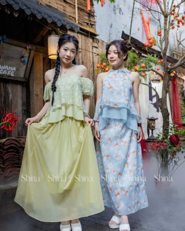 Cho Thuê Set Yếm Hai Dây Vai Bèo Hoa Shina Xanh Lá