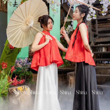 Cho Thuê Set Yếm Thêu Hoa Chìm Shina Đỏ