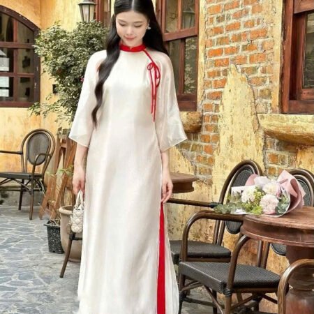 Cho Thuê Áo Dài Voan Trơn Cột Nơ Kem Viền Đỏ