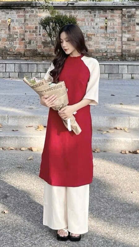 Cho Thuê Áo Dài Viền Bèo Cổ Đỏ Tay Kem