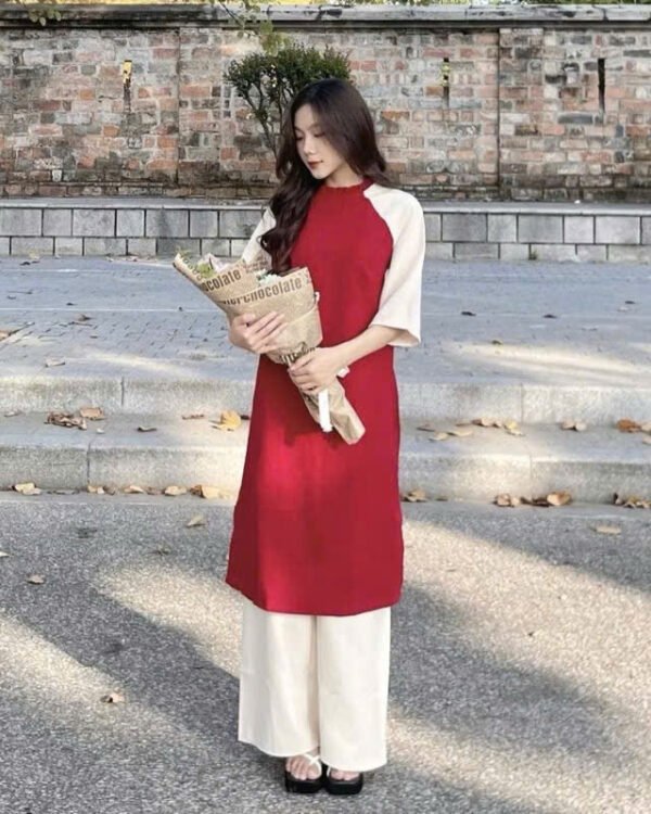 Cho Thuê Áo Dài Viền Bèo Cổ Đỏ Tay Kem