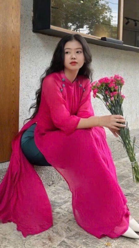 Cho Thuê Áo Dài Trơn Nút Áo Hai Bên Hồng Đậm