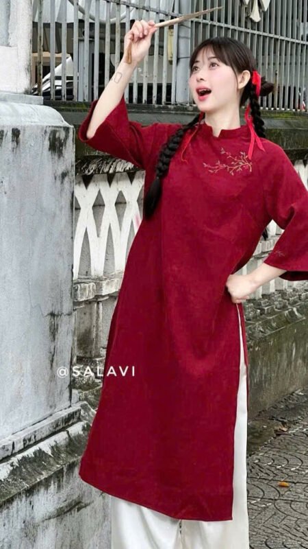 Cho Thuê Áo Dài Đỏ Thêu Mai Đỏ