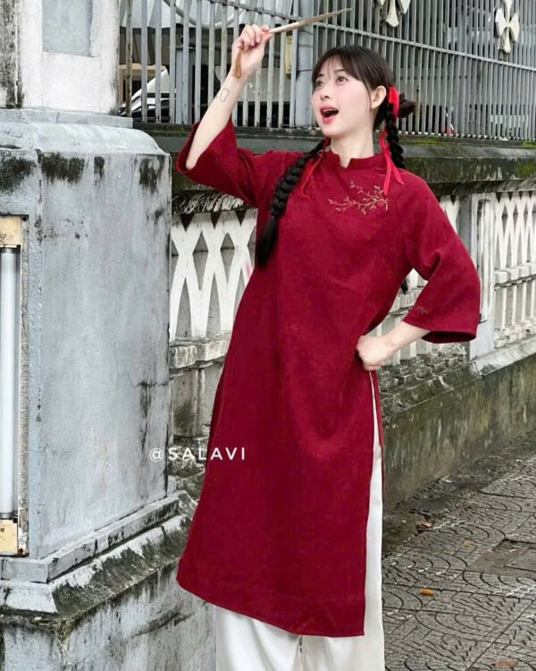 Cho Thuê Áo Dài Đỏ Thêu Mai Đỏ