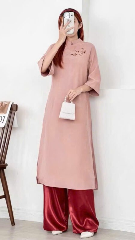 Cho Thuê Áo Dài Hồng Thêu Mai Đỏ