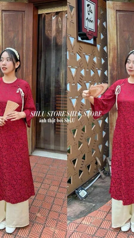 Cho Thuê Áo Dài Hoa Chìm Khoét Cổ Nơ Đỏ