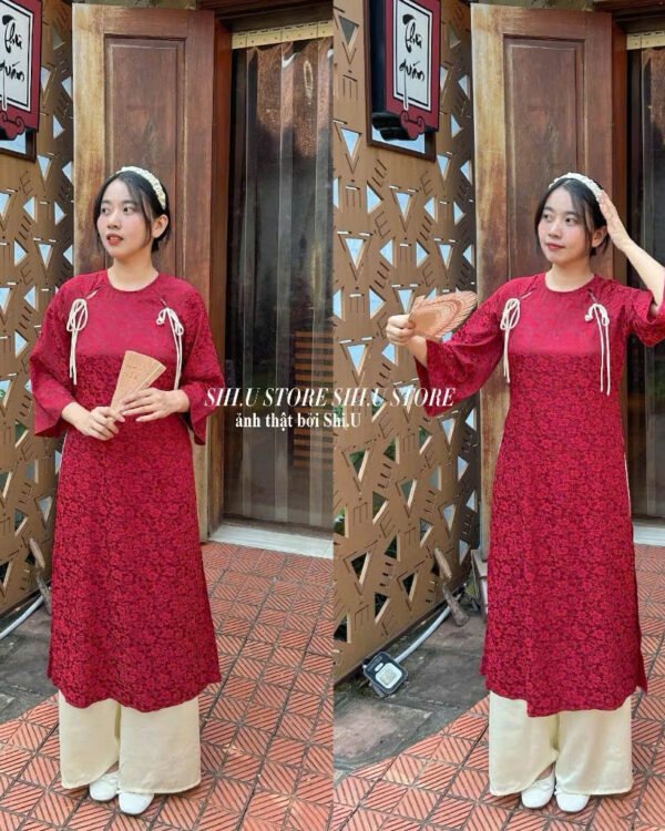 Cho Thuê Áo Dài Hoa Chìm Khoét Cổ Nơ Đỏ