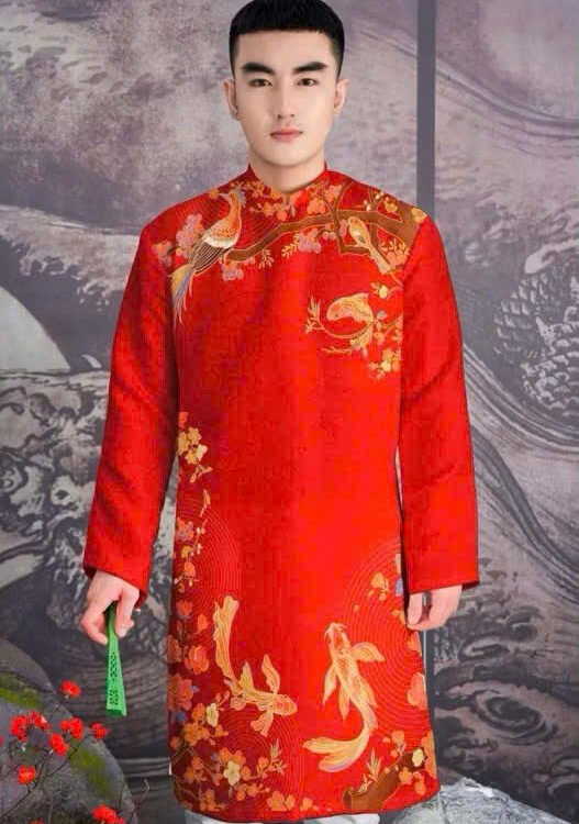Cho Thuê Áo Dài Nam Hoạ Tiết Cá Chép và Cành Đào Đỏ (Có Bigsize)