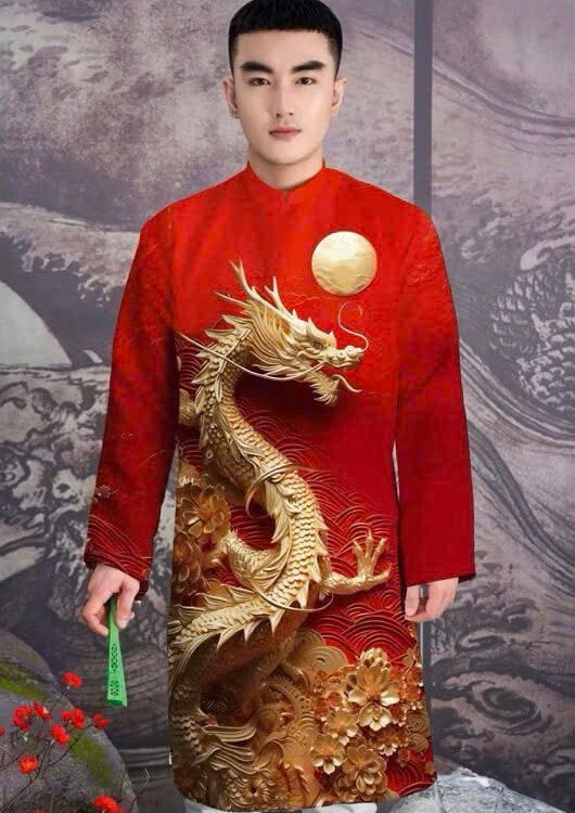 Cho Thuê Áo Dài Nam Hoạ Tiết Rồng To Đỏ (Có Bigsize)