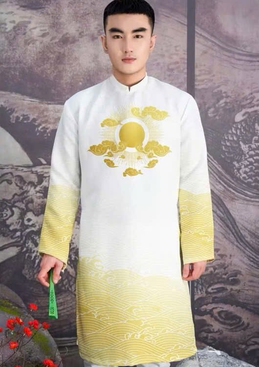 Cho Thuê Áo Dài Nam Hoạ Tiết Vân Mây Vàng Trắng (Có Bigsize)