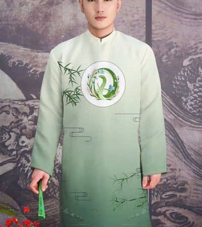 Cho Thuê Áo Dài Nam Hoạ Tiết Rắn Cuộn Tròn Xanh Lá