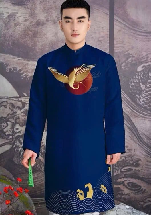 Cho Thuê Áo Dài Nam Hạc Trăng Xanh Dương Đậm (Có Bigsize)