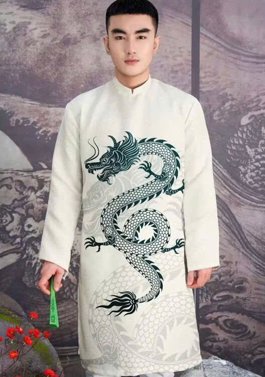 Cho Thuê Áo Dài Nam Hoạ Tiết Rồng Xanh Rêu Kem (Có Bigsize)