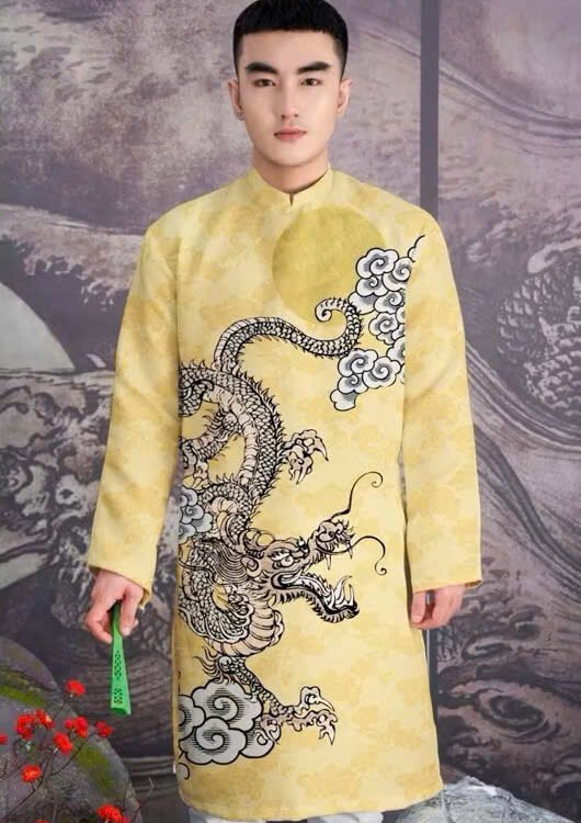 Cho Thuê Áo Dài Nam Hoạ Tiết Rồng Trăng Vàng (Có Bigsize)