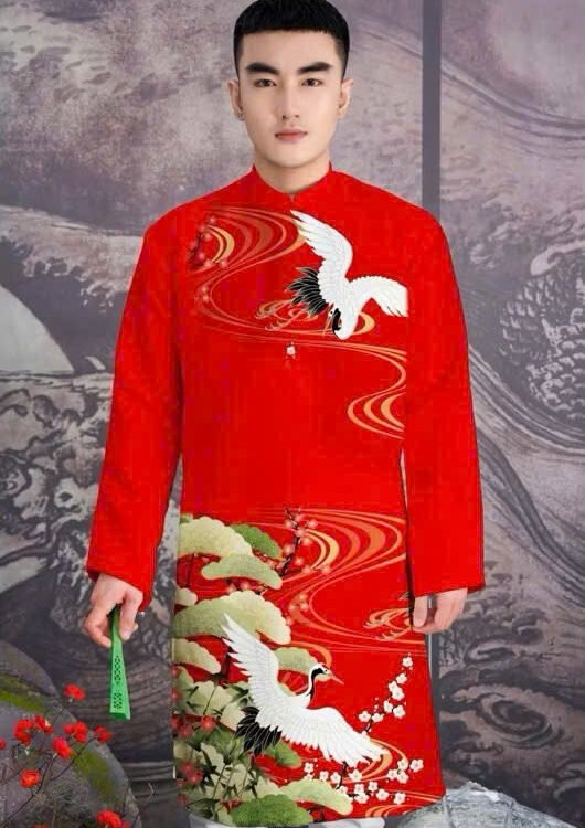 Cho Thuê Áo Dài Nam Hoạ Tiết Đôi Hạc Đỏ (Có Bigsize)