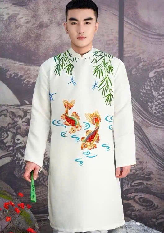 Cho Thuê Áo Dài Nam Hoạ Tiết Cá Chép Đôi Vàng Kem (Có Bigsize)