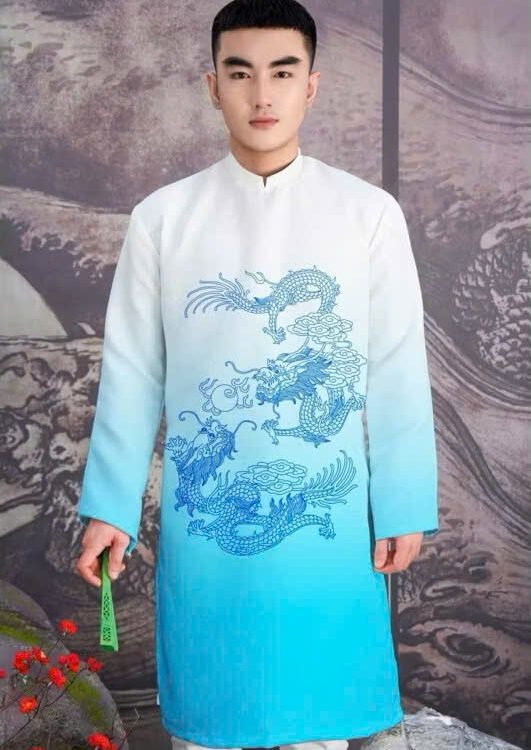 Cho Thuê Áo Dài Nam Hoạ Tiết Đôi Rồng Xanh Ngọc (Có Bigsize)