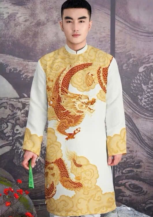 Cho Thuê Áo Dài Nam Hoạ Tiết Rồng Cưỡi Mây Vàng Trắng (Có Bigsize)