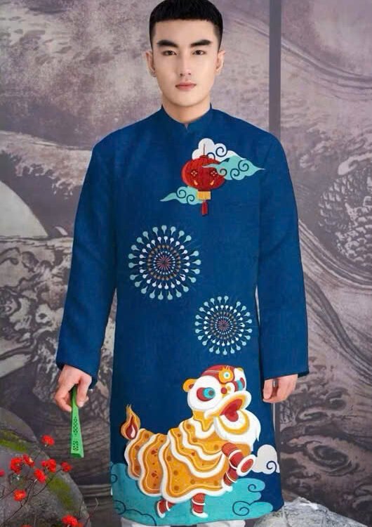 Cho Thuê Áo Dài Nam Hoạ Tiết Lân Xanh Dương Đậm (Có Bigsize)