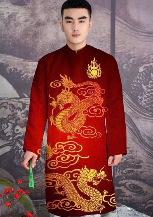 Cho Thuê Áo Dài Nam Hoạ Tiết Đôi Rồng Lửa Đỏ (Có Bigsize)