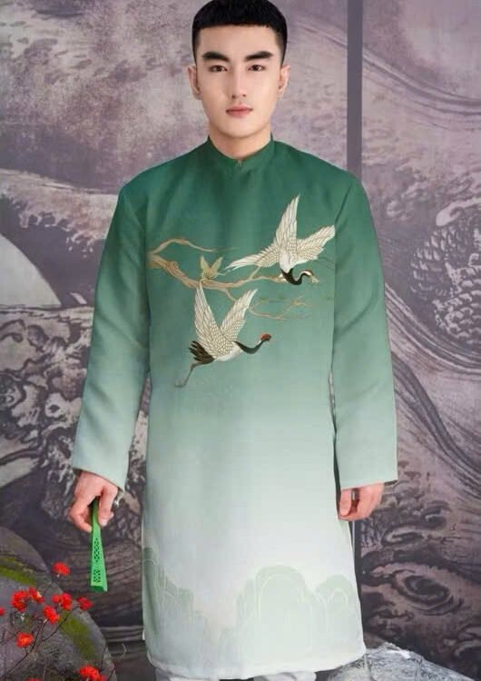 Cho Thuê Áo Dài Nam Hoạ Tiết Đôi Hạc Trên Cây Xanh (Có Bigsize)