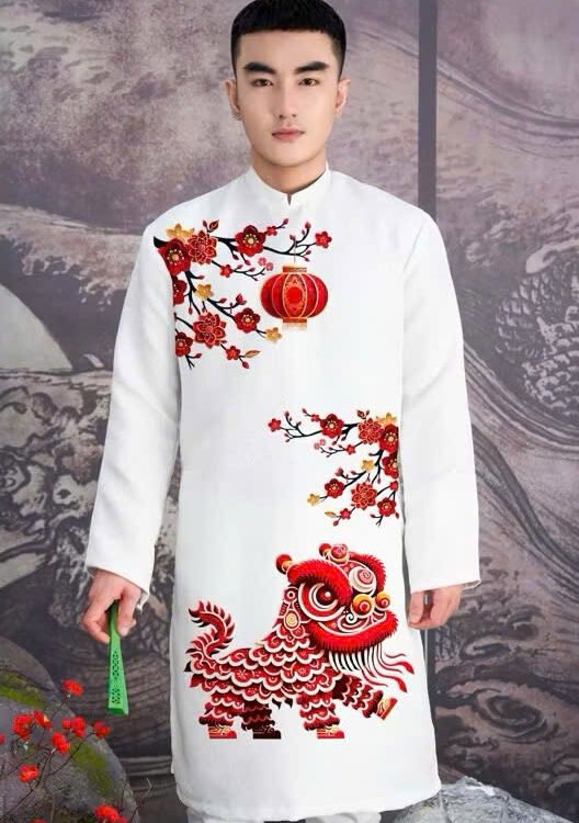 Cho Thuê Áo Dài Nam Hoạ Tiết Lân Đỏ Trắng (Có Bigsize)