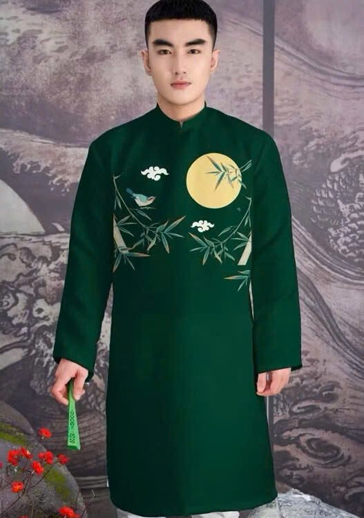 Cho Thuê Áo Dài Nam Hoạ Tiết Cây Trúc Ánh Trăng Xanh Lá Đậm (Có Bigsize)