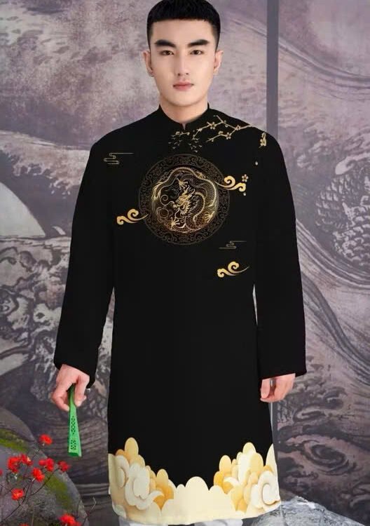 Cho Thuê Áo Dài Nam Hoạ Tiết Rồng Mây Đen (Có Bigsize)