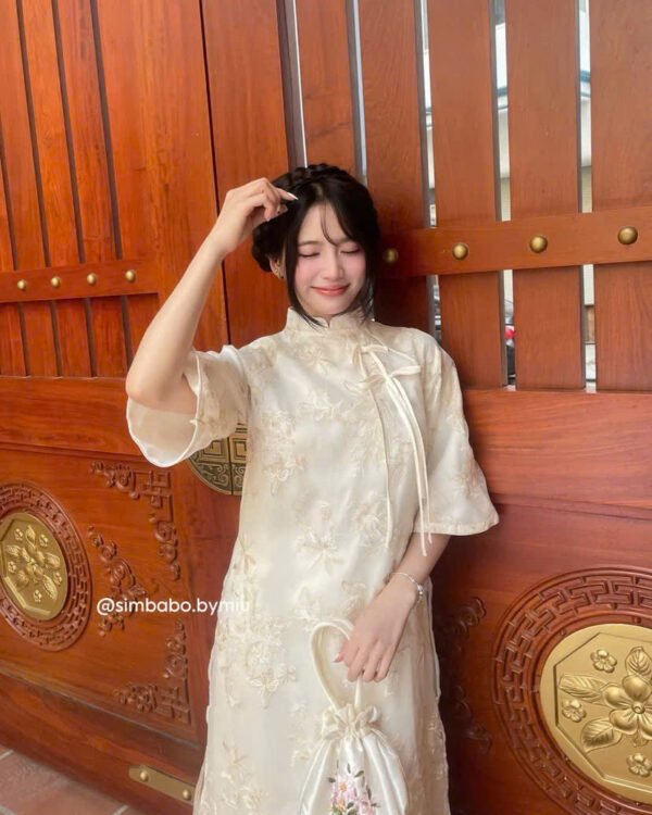 Cho Thuê Áo Dài Mẫn Kỳ Thêu Bướm Chuồn Chuồn Nổi Kem