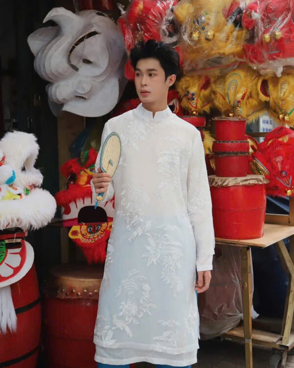 Cho Thuê Áo Dài Nam Hoa Văn Trắng Dizai