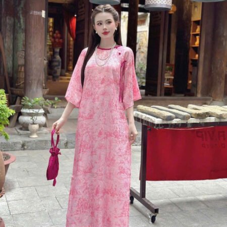 Cho Thuê Áo Dài Cổ Tròn Viền Cổ Nơ Hồng ( Có Bigsize )