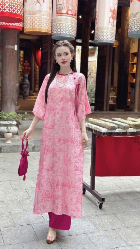 Cho Thuê Áo Dài Cổ Tròn Viền Cổ Nơ Hồng ( Có Bigsize )