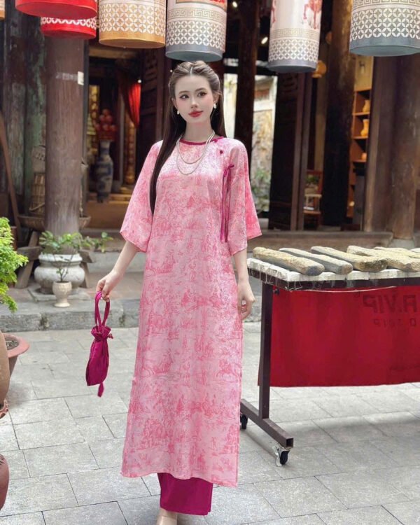 Cho Thuê Áo Dài Cổ Tròn Viền Cổ Nơ Hồng ( Có Bigsize )