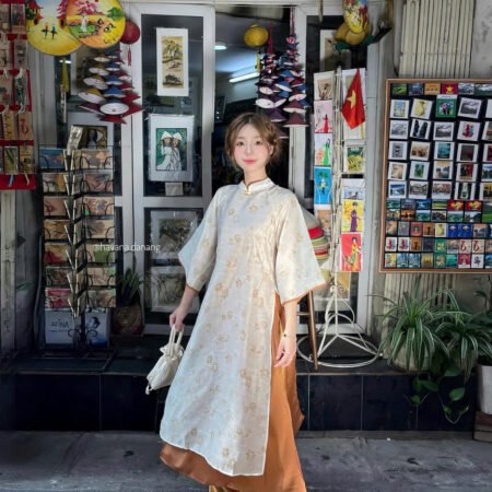 Cho Thuê Áo Dài In Hình Cánh Phượng Vàng Viền Nâu HVN ( Có Bigsize )