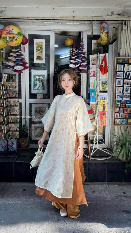 Cho Thuê Áo Dài In Hình Cánh Phượng Vàng Viền Nâu HVN ( Có Bigsize )