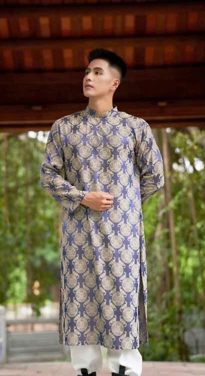 Cho Thuê Áo Dài Nam Hoạ Tiết Đồng Tiền Tím