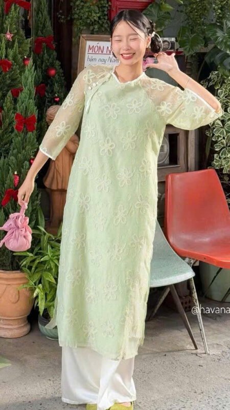 Cho Thuê Áo Dài Cổ Tròn Hoa Cúc Xanh Bơ HVN ( Có Bigsize )