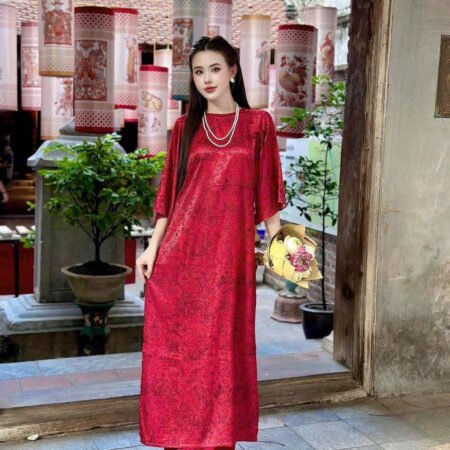 Cho Thuê Áo Dài Cổ Tròn Viền Cổ Nơ Đỏ ( Có Bigsize )