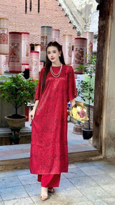 Cho Thuê Áo Dài Cổ Tròn Viền Cổ Nơ Đỏ ( Có Bigsize )